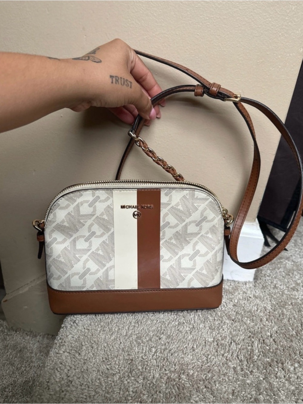 Michael Kors Cream & Brown Logo Stripe Crossbody Bag